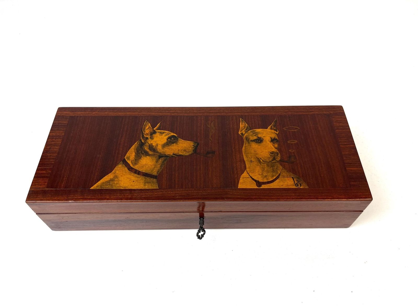 Boîte à tabac d'époque Art déco en bois, marqueterie de chiens, avec serrure et clé, signée et datée 1934 photo furniture