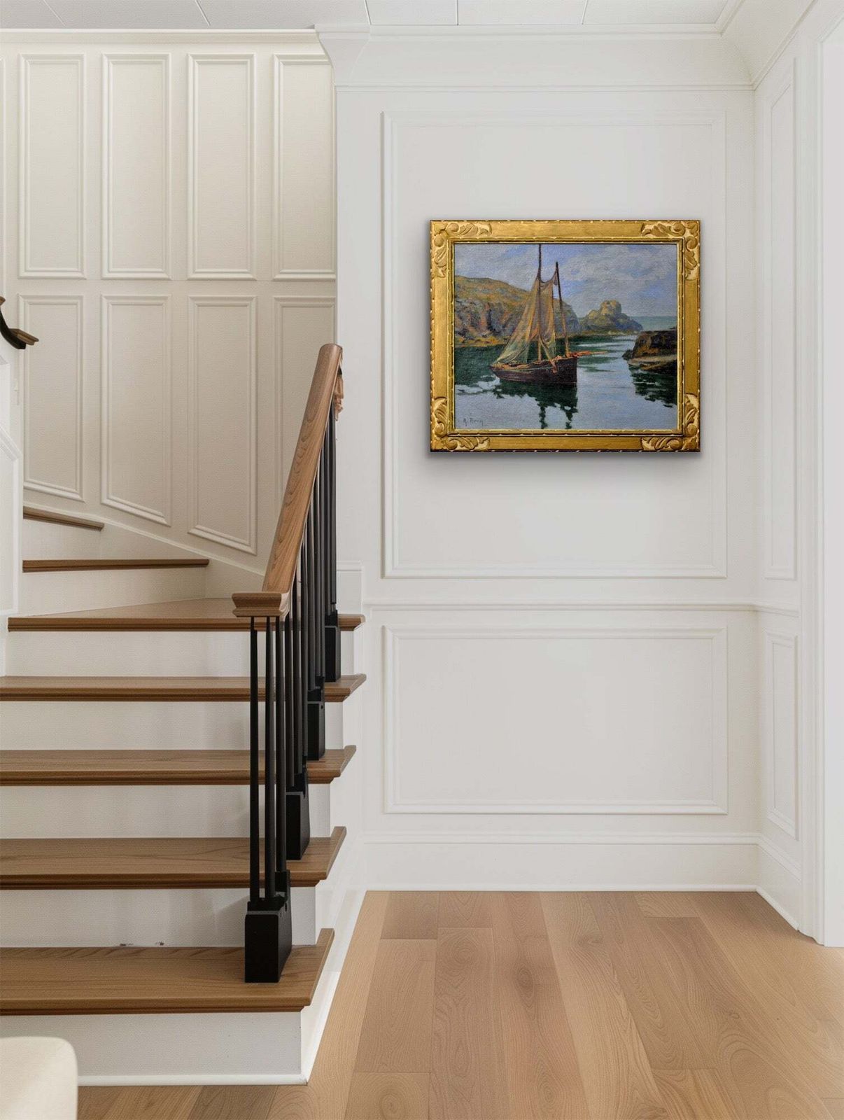 photo furniture Achille Bron, 1867-1949. Une petite barque dans une anse, La Côte Sauvage. Peinture à l'huile côtière française encadrée, vers 1920.