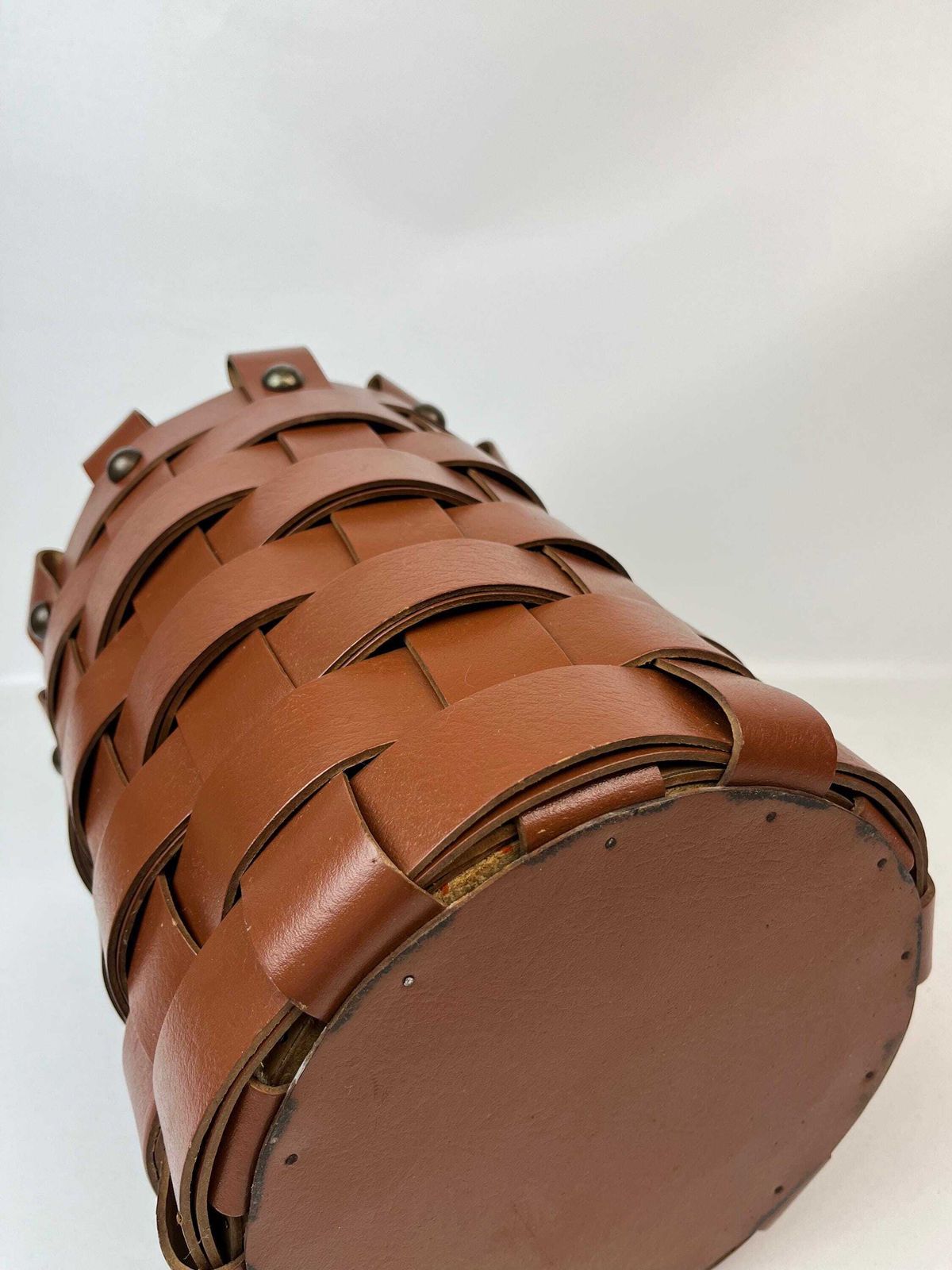 Impressive Mid Century Thick Brown Leather Hand Made Waste Paper Bin Italy 1960 photo vintage