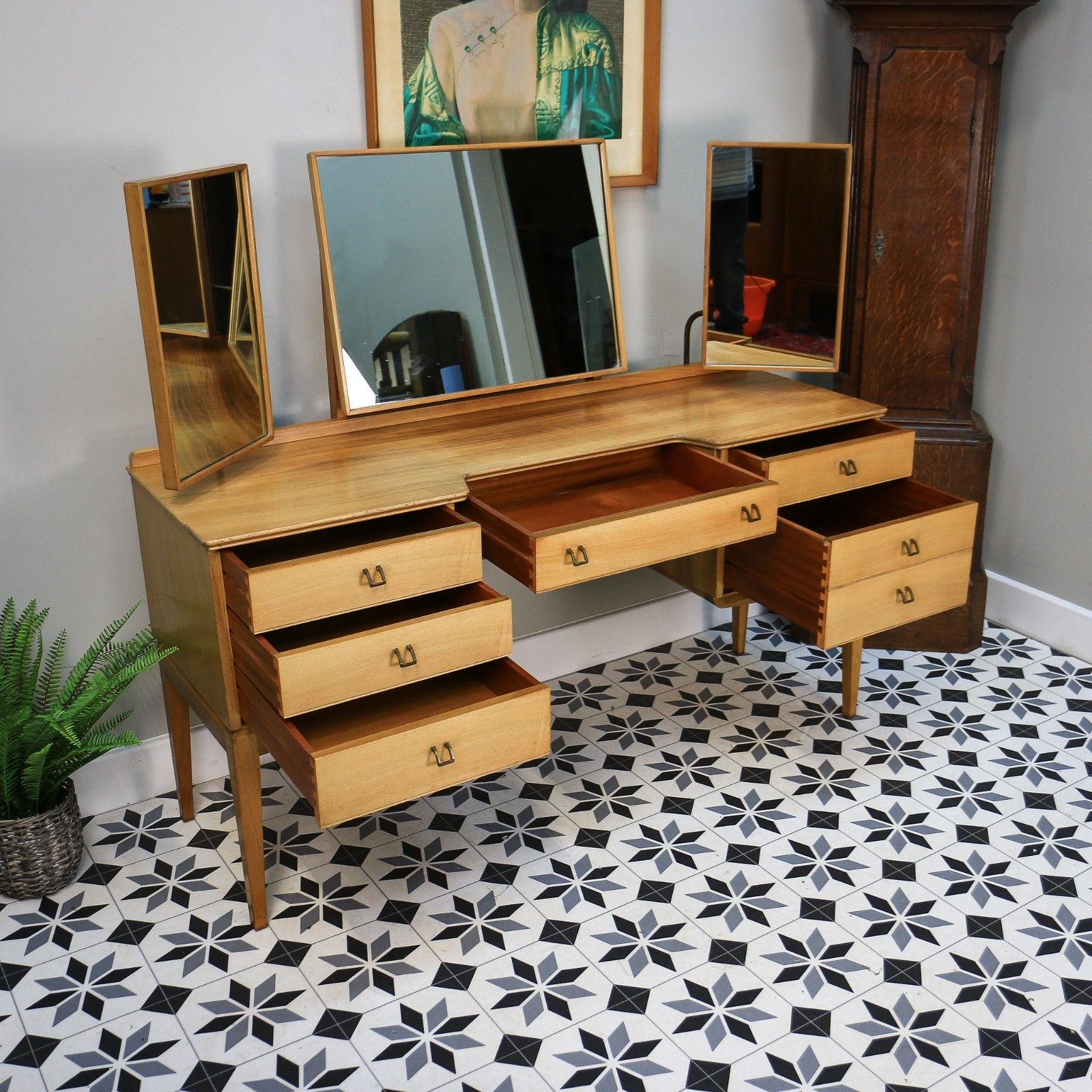 photo buy Alfred Cox Dressing Table In Walnut For Heals With Triple Square Mirrors.