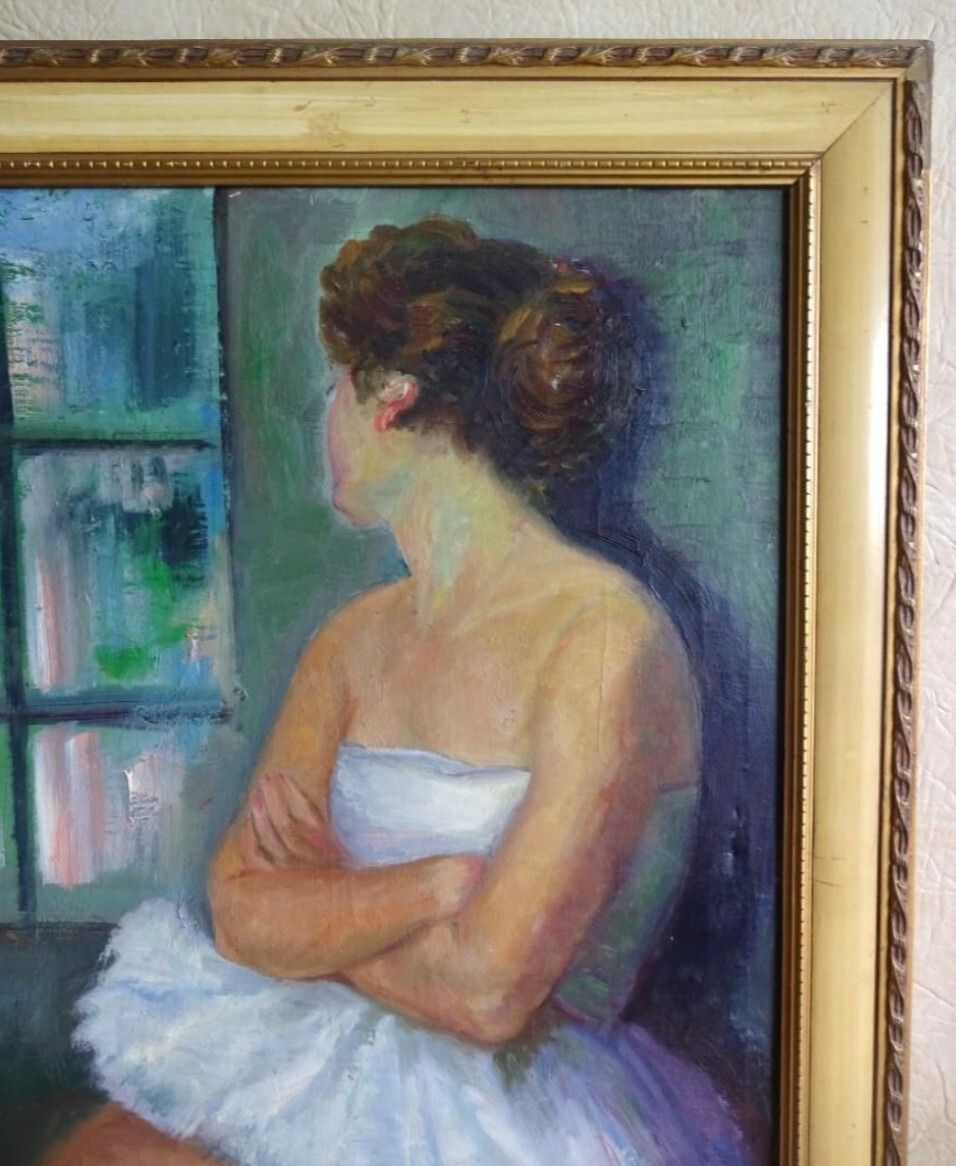 Antiek olieverfschilderij portret vrouw danser impressionistisch 20e eeuw photo furniture
