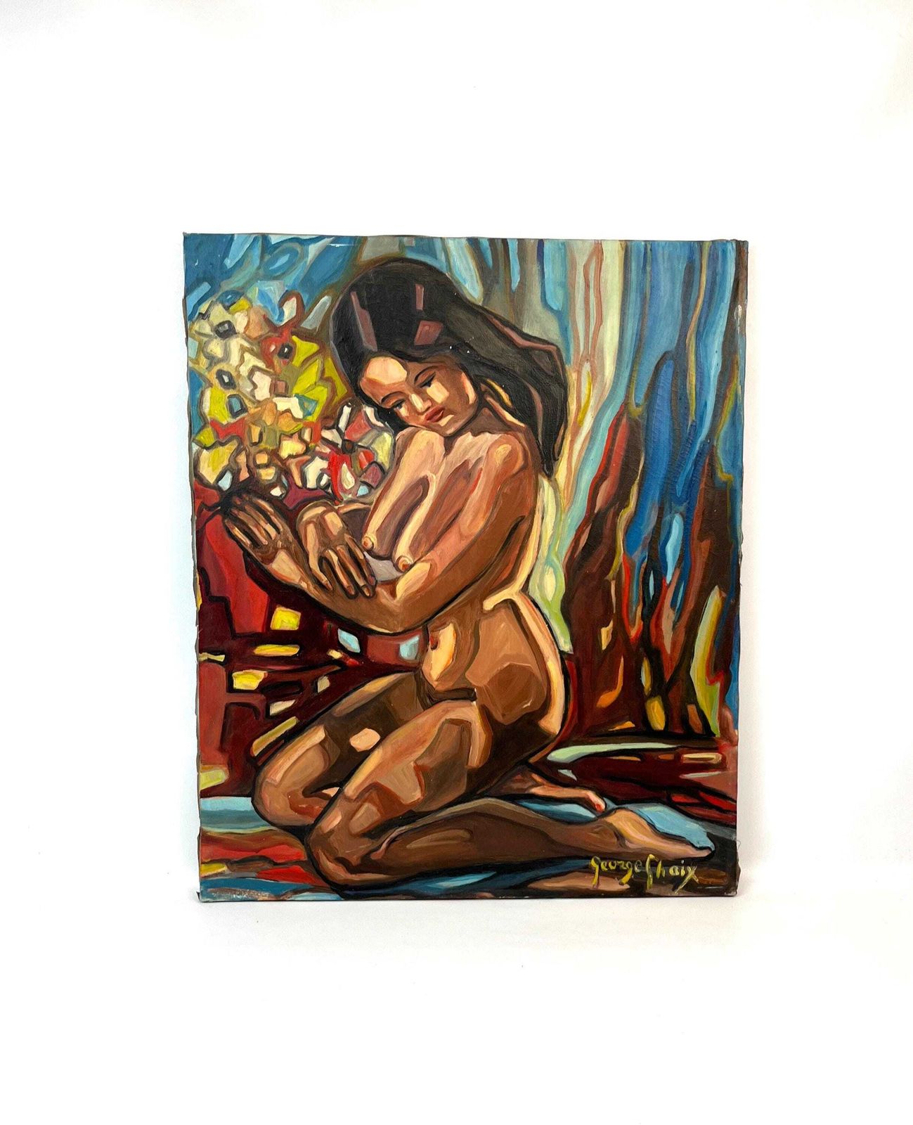Grande huile sur toile, nu féminin dans un paysage expressionniste, mid-century