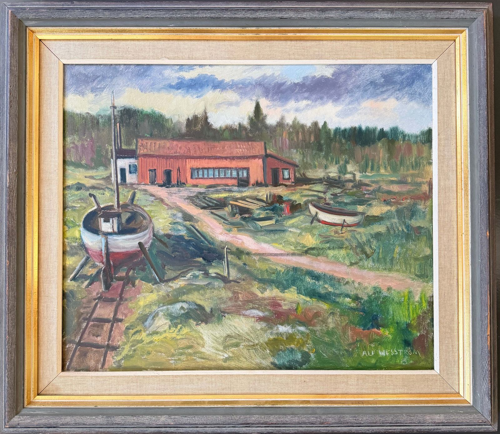 Het Rode Botenhuis, ca. jaren 1940. Vintage Zweeds Olieverfschilderij van Alf Wesström