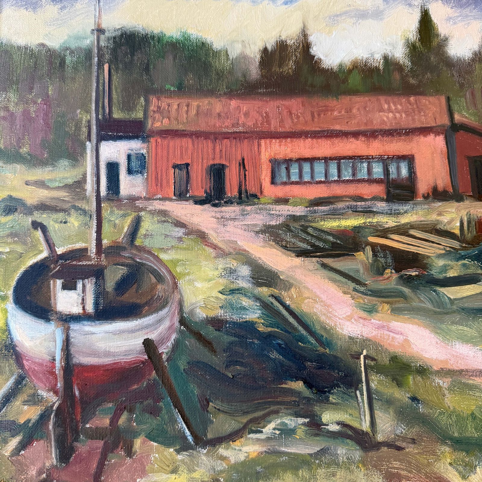 Het Rode Botenhuis, ca. jaren 1940. Vintage Zweeds Olieverfschilderij van Alf Wesström photo for sale
