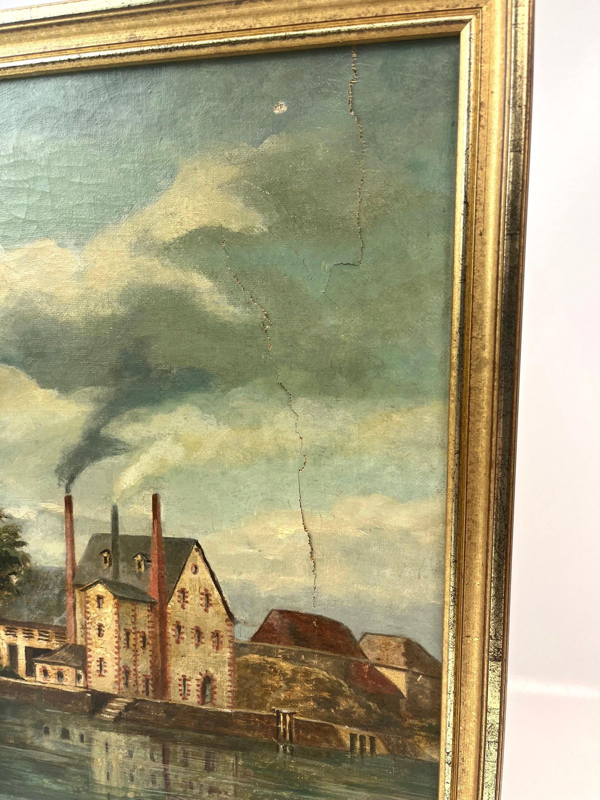 Stunning Antique French Factory Building By The Lake Oil Painting About 1900 photo 700.0