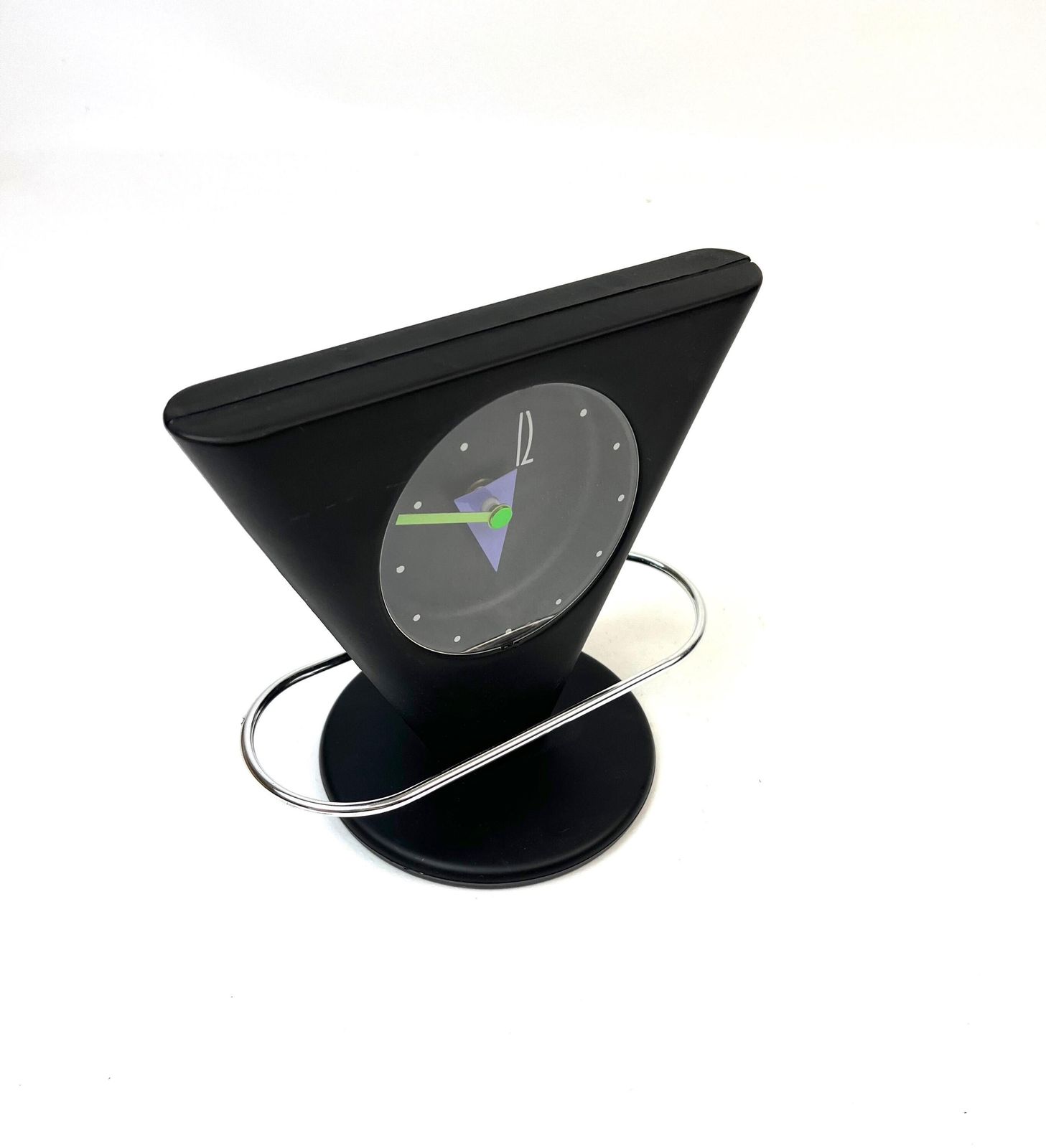 Stunning Mid Century 80s Postmodern Triangle Pendulum Desk Clock photo for sale