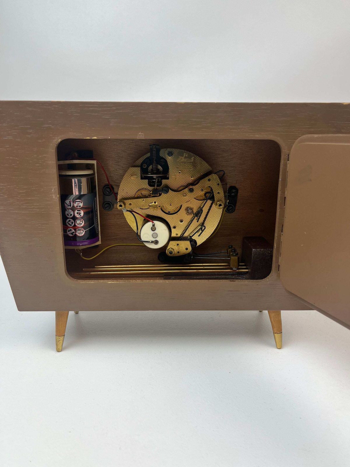 photo furniture Rare Mid Century Teak Desk Chimny Clock Hairpin Legs By Hermle Germany 1960