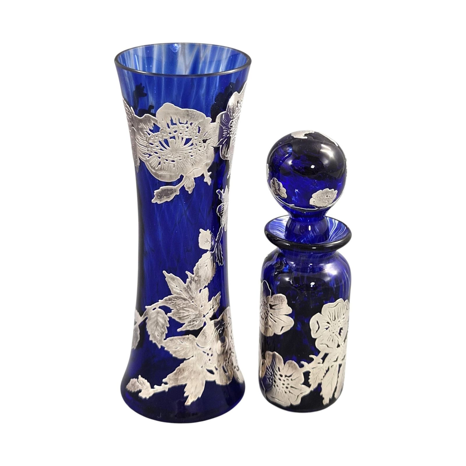 Laugharne Glass, Wales, Vintage Kobaltglazen Vaas En Parfumfles Met Sterling Zilveren Overlay, Ca. 1980s photo 450.0