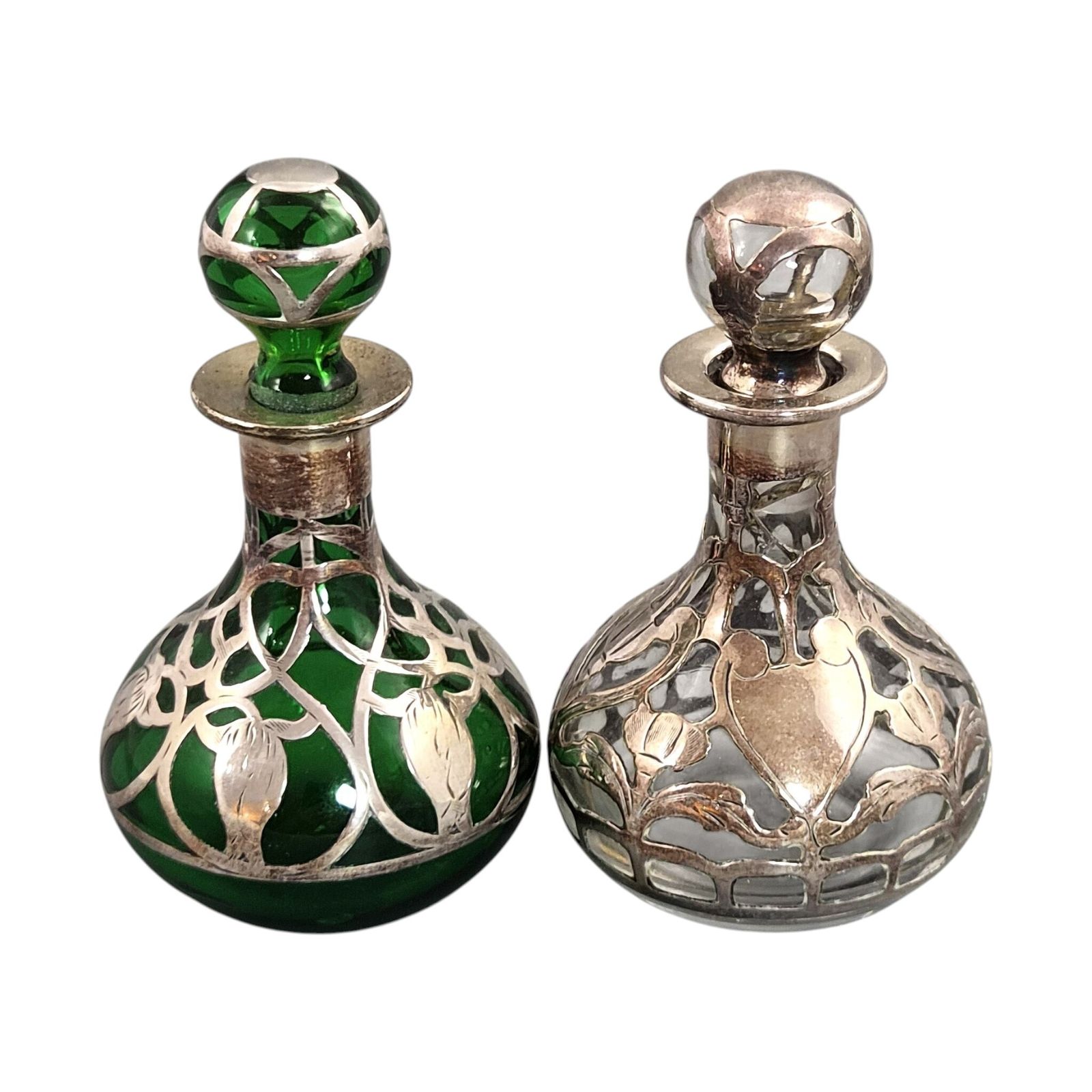 Gorham Art Nouveau Sterling Silver Overlay Glazen Parfumflesjes, ca. 1900 photo Woonaccessoires