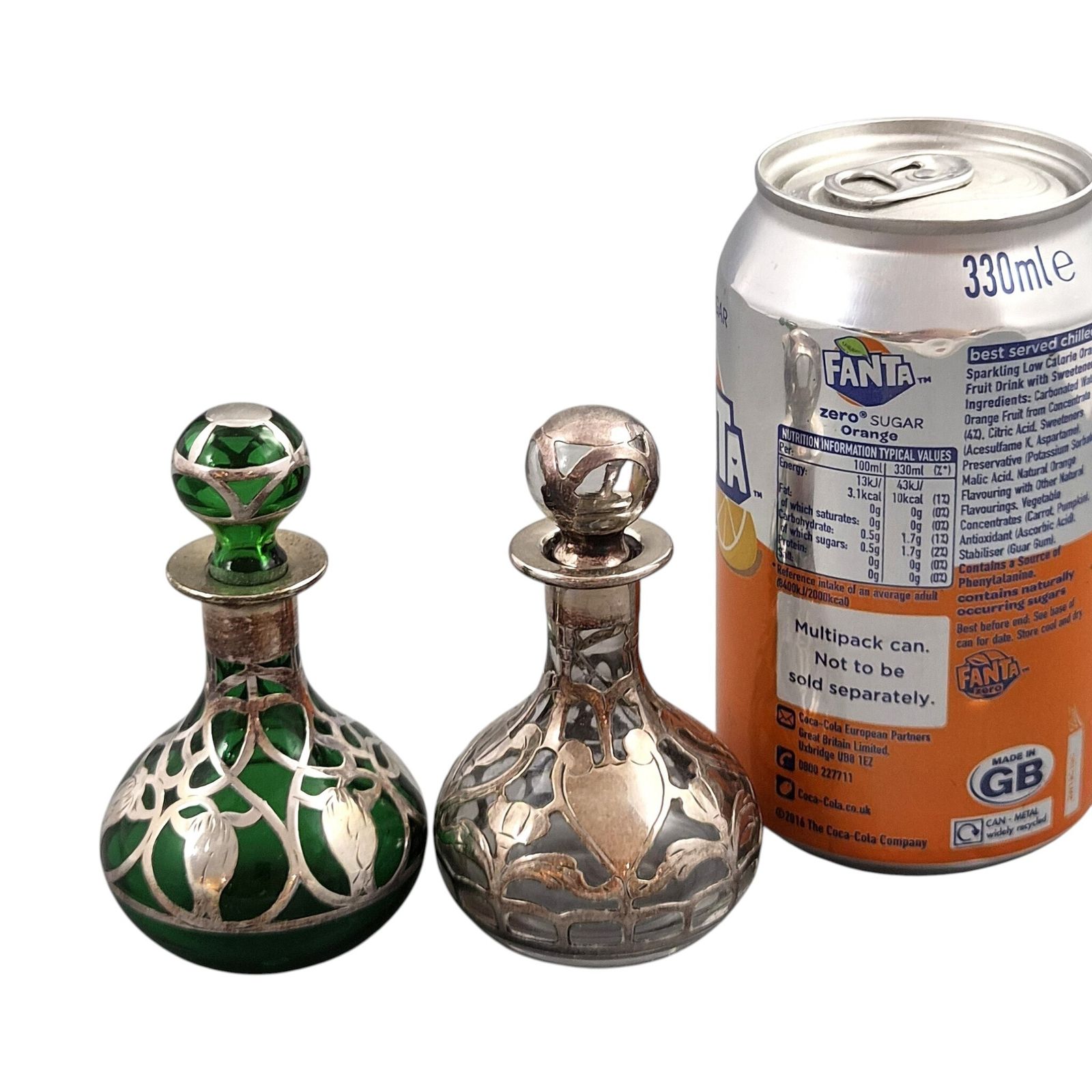 Gorham Art Nouveau Sterling Silver Overlay Glass Perfume Bottles, C.1900 photo 800.0
