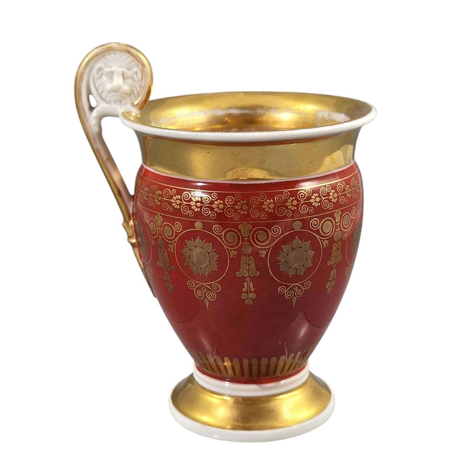 Franse Empire Old Paris (Vieux Paris) Porseleinen Kop en Schotel met Leeuwenmasker Handvat, ca. 1820 photo vintage