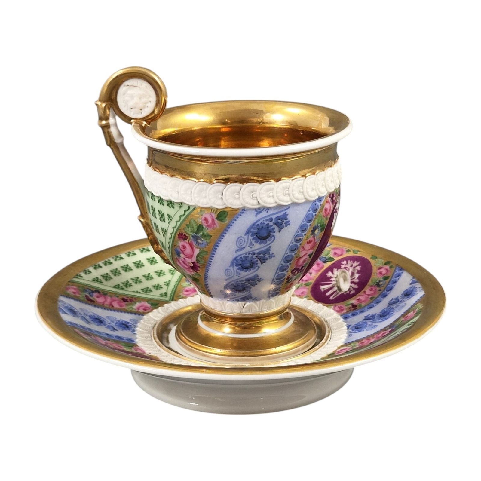 Franse Old Paris (Vieux Paris) Kast Kop en Schotel met Biscuit Leeuwenmasker, ca. 1820 photo for sale