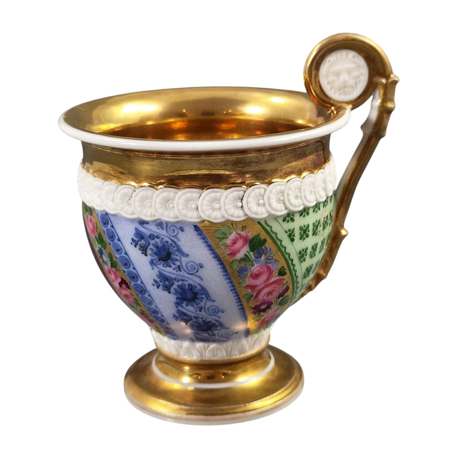 photo furniture Franse Old Paris (Vieux Paris) Kast Kop en Schotel met Biscuit Leeuwenmasker, ca. 1820