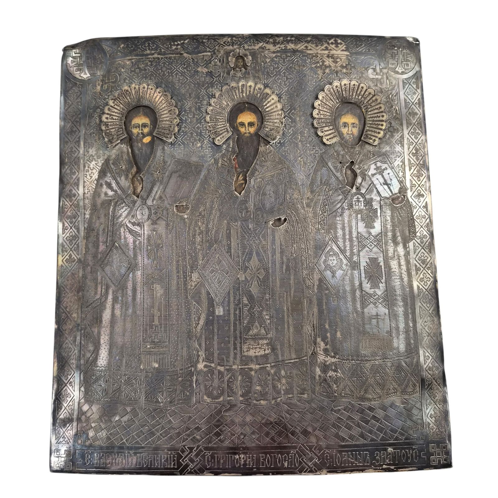Uitzonderlijk orthodox icoon van de Drie Heilige Hiërarchen in zilveren riza, 1884