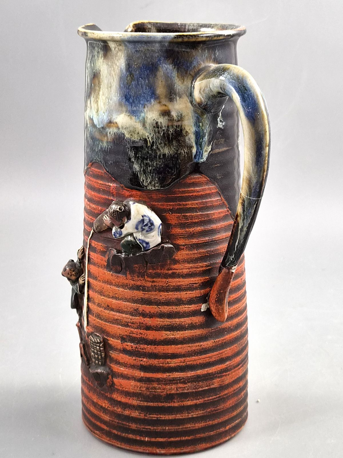 Japanese Sumida Gawa Pitcher, Sake Pouring Scene With Two Figures, Meiji–Taishō C.1900 photo furniture