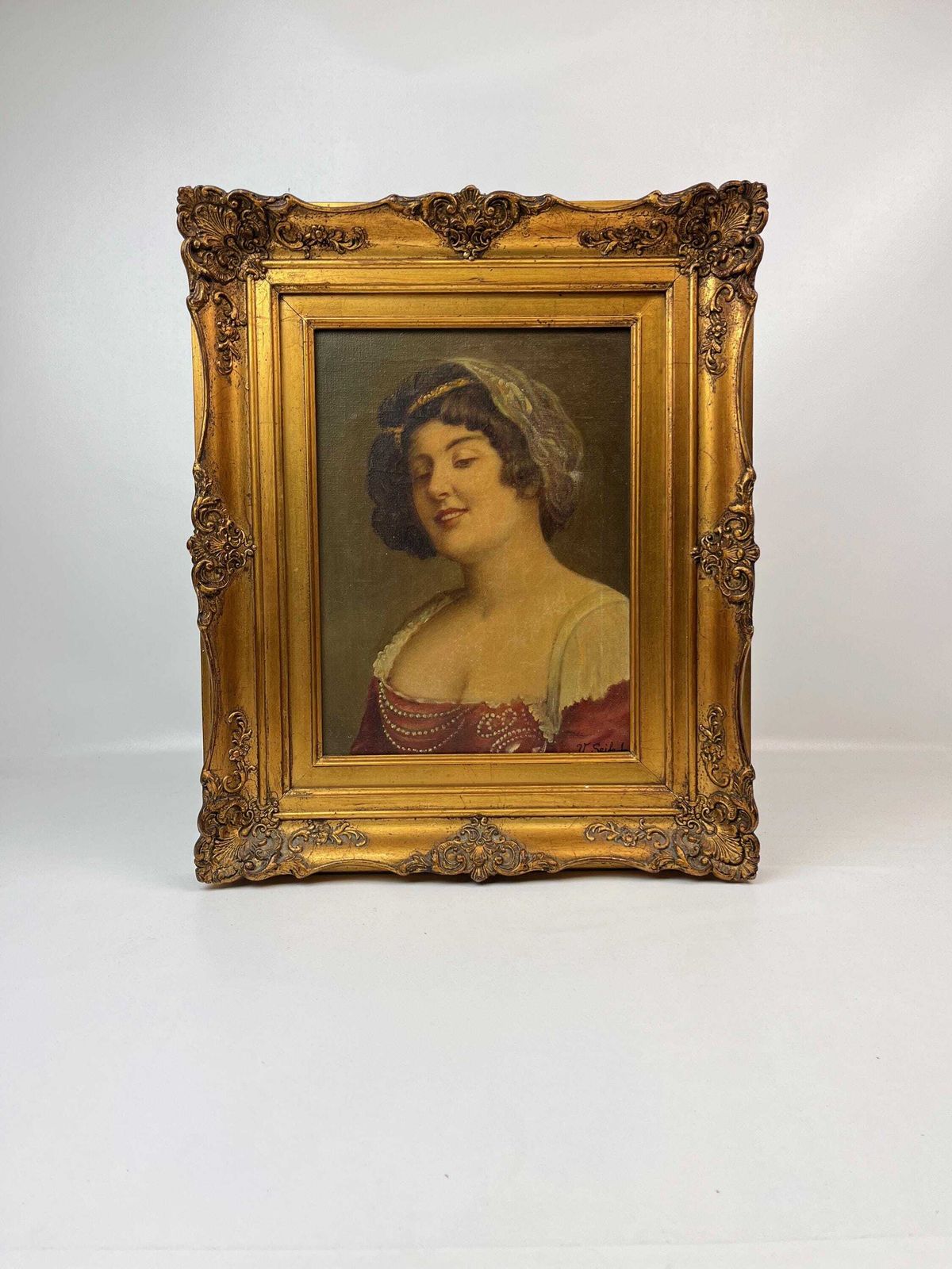 Portrait de femme Art Nouveau d'époque, huile sur toile en cadre doré ornemental, Allemagne, vers 1890