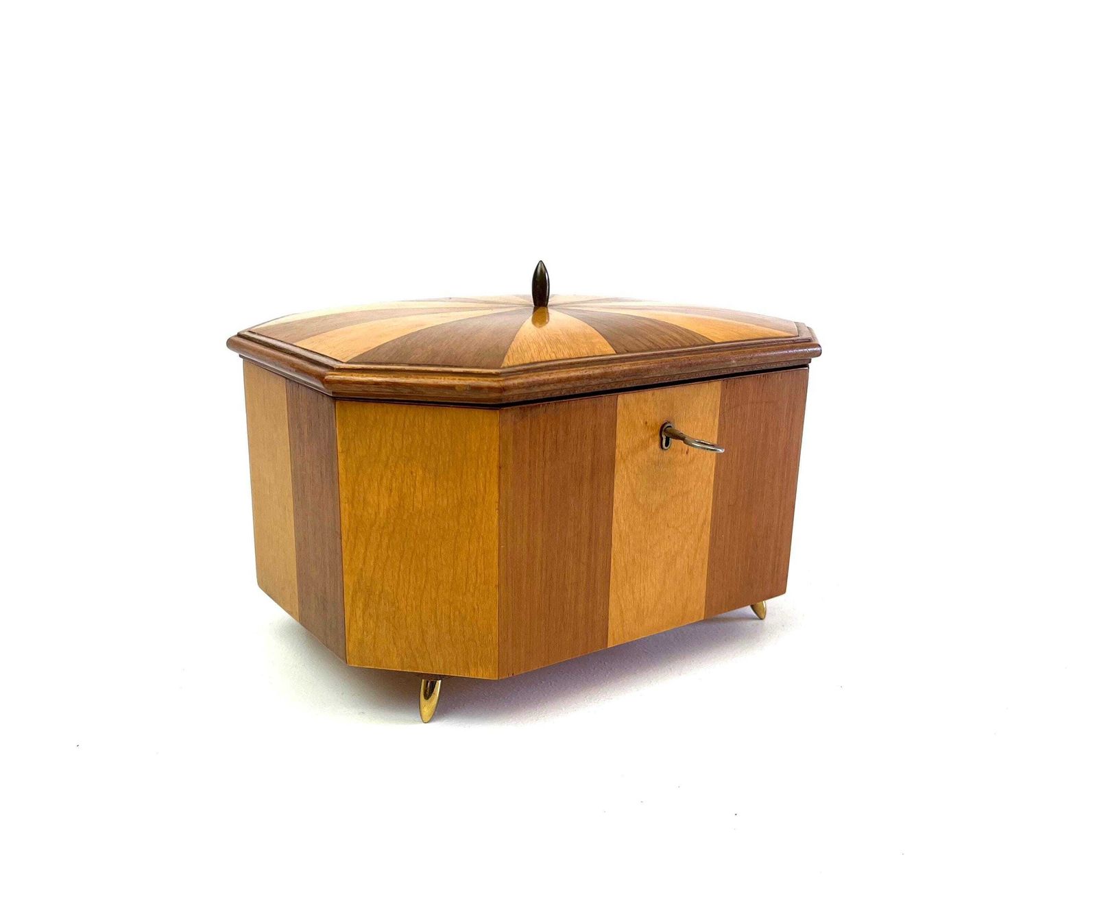 Rare Large Mid Century Jewelry Box Sunray Marquetry Veneer Lock & Key Germany 1950 photo furniture