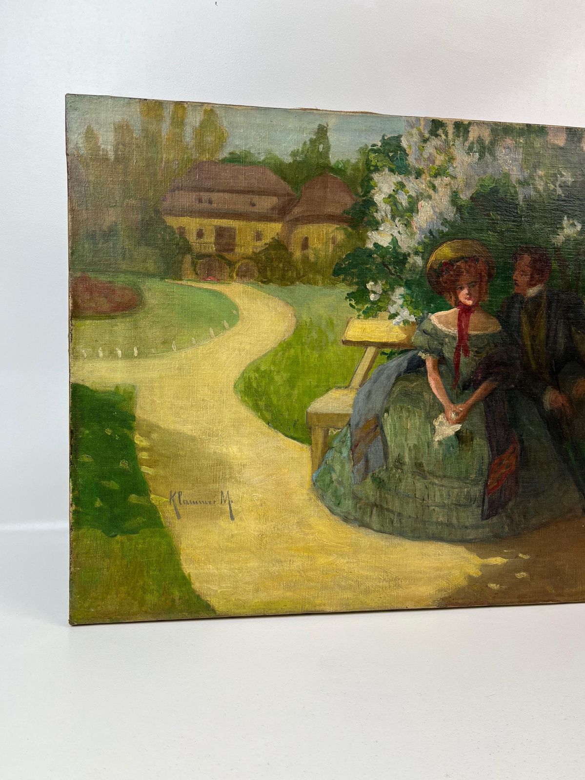 Antiek Duits olieverfschilderij op doek, romantisch koppel, Art Nouveau, gesigneerd M. Klummer, ca. 1890 photo Kunst