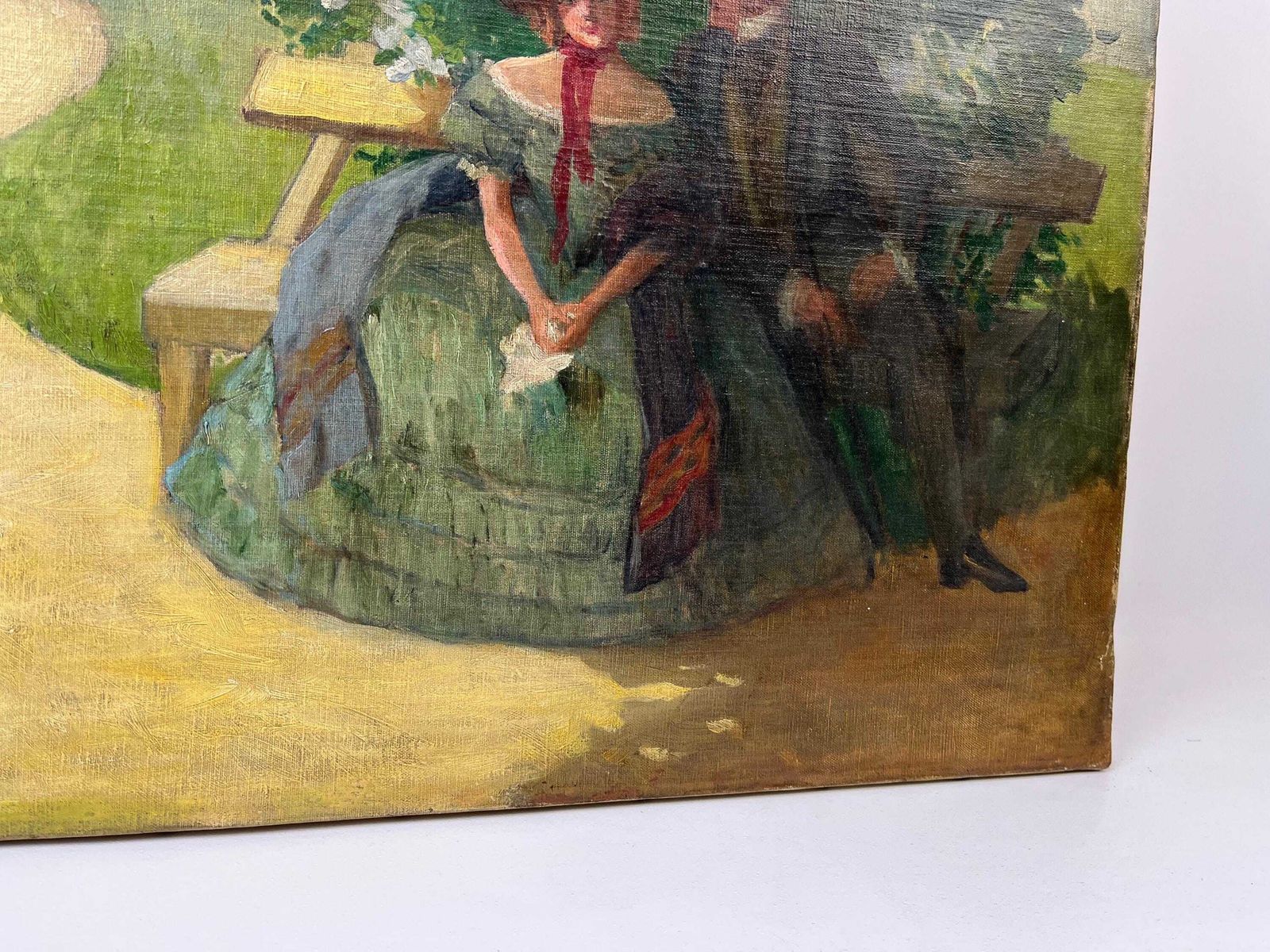 Antiek Duits olieverfschilderij op doek, romantisch koppel, Art Nouveau, gesigneerd M. Klummer, ca. 1890 photo 538.0