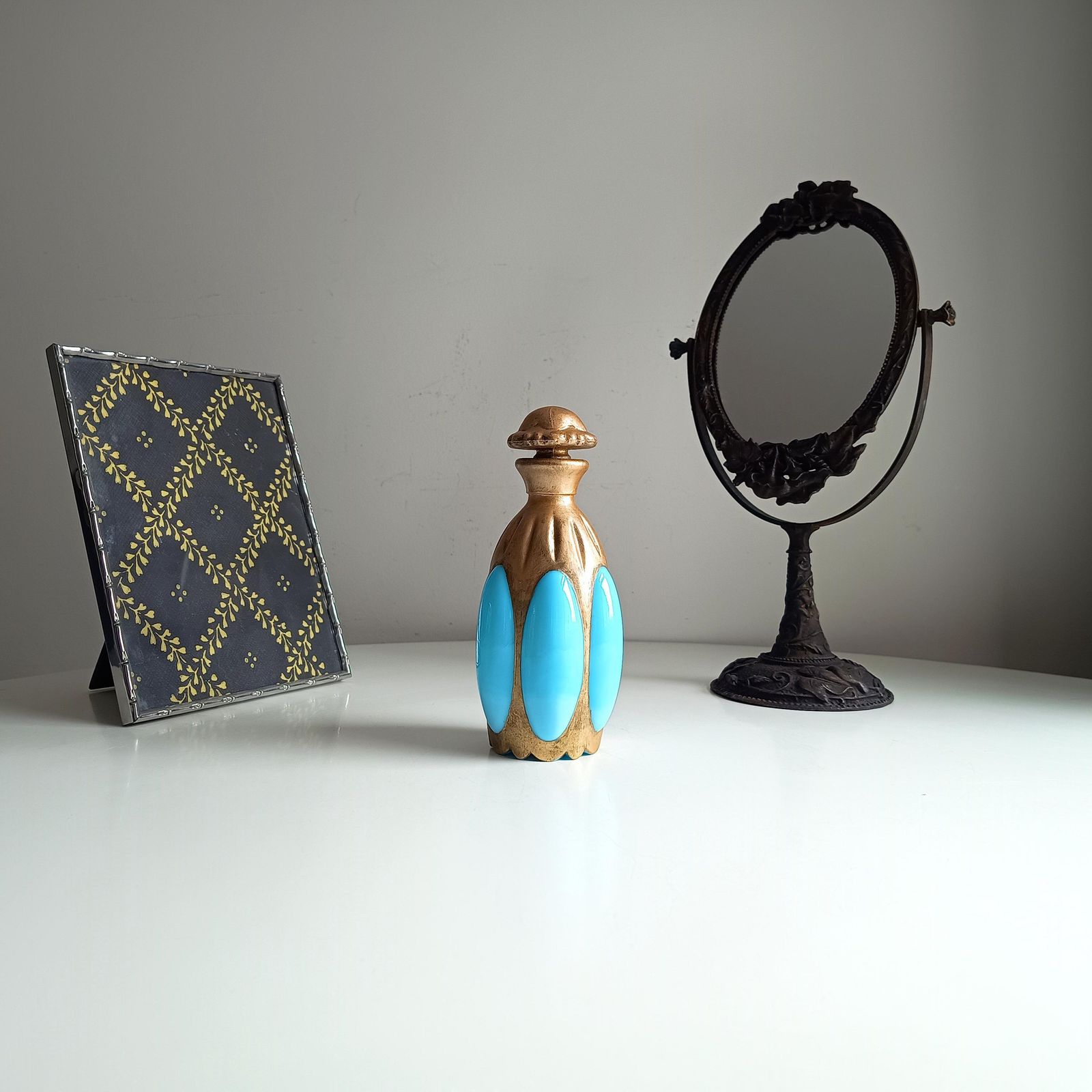 Antique French Blue Opaline Perfume Bottle – Portieux Vallerysthal "Melon" Mold 1000 C 1910 photo Home Decor