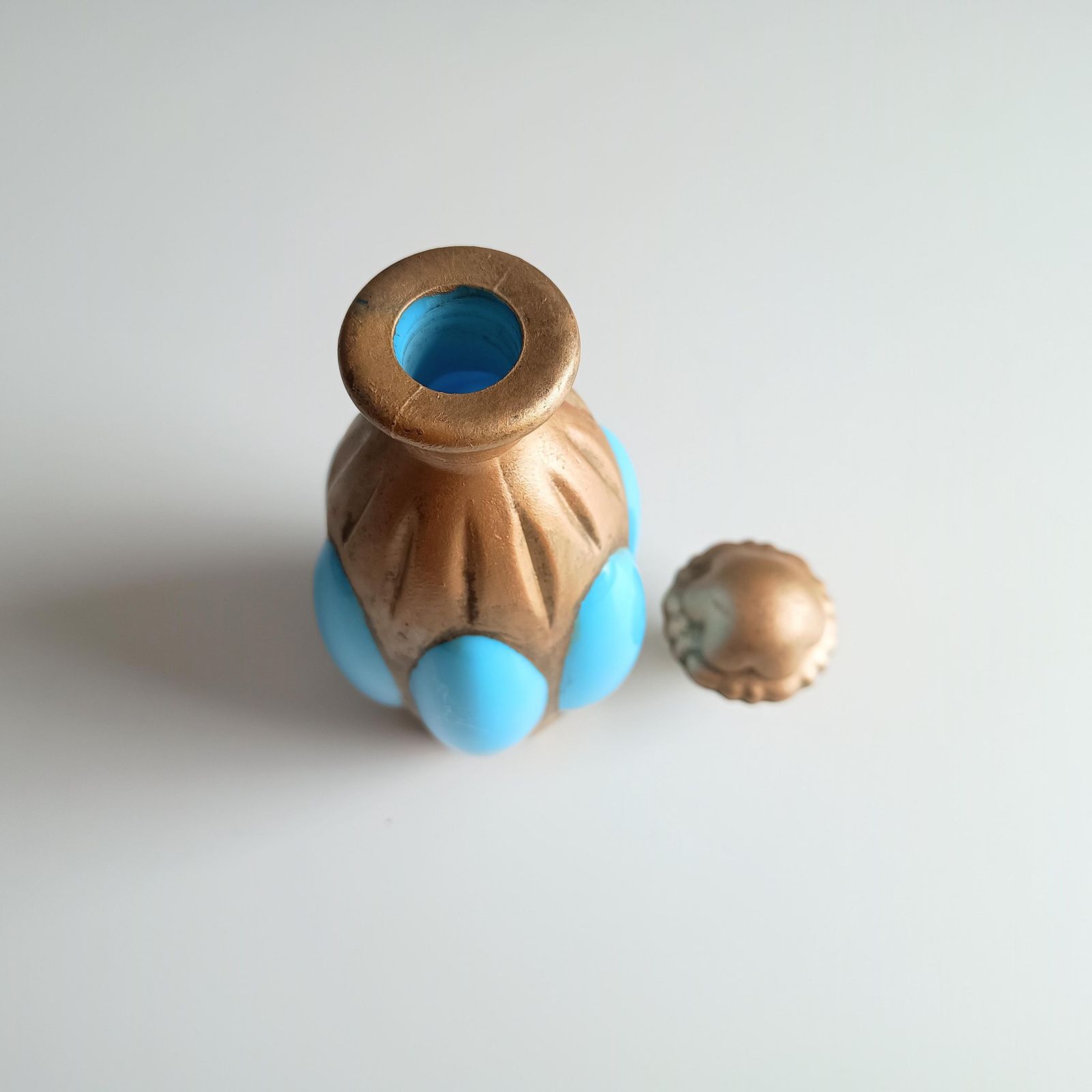 Antique French Blue Opaline Perfume Bottle – Portieux Vallerysthal "Melon" Mold 1000 C 1910 photo for sale