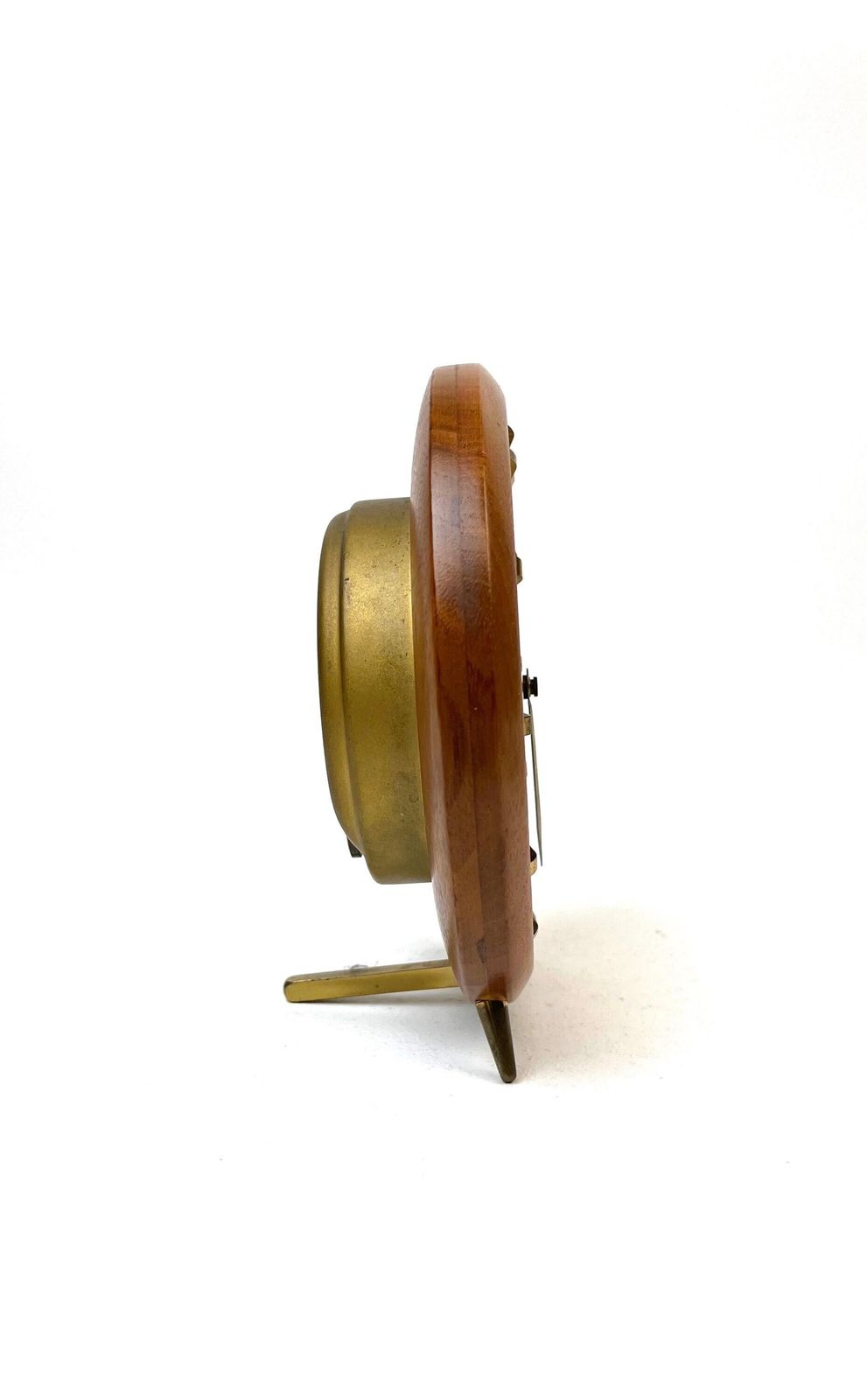 Horloge de bureau ronde mid-century sur trépied en teck, par Haid, Allemagne, 1960. photo Décoration