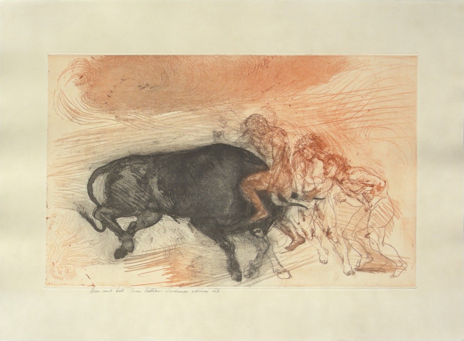 Valchev Ivan Stier en Man Gravure Kunstwerk Gesigneerd