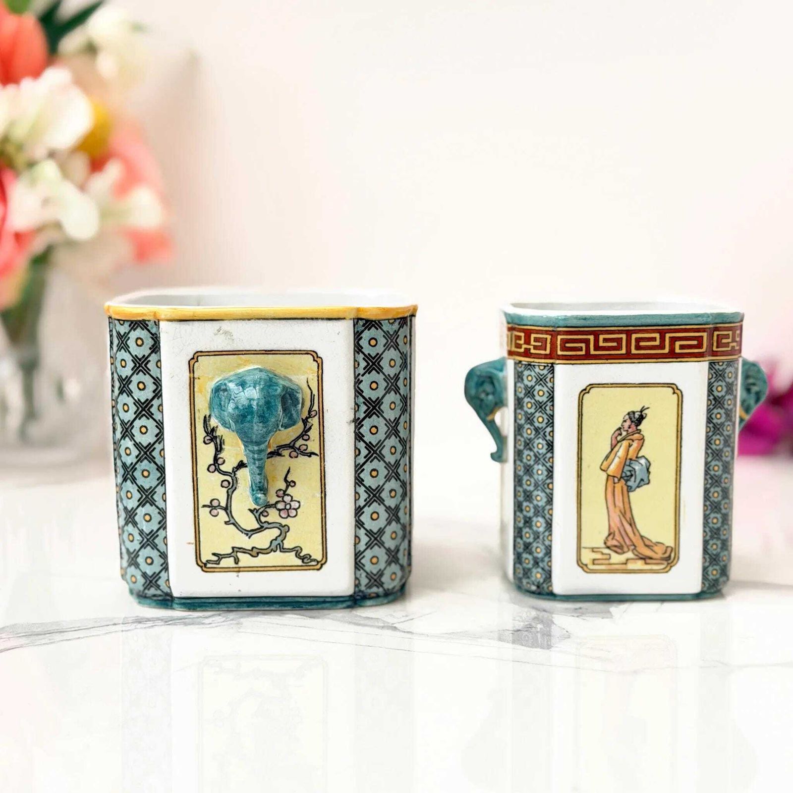 Antieke Sarreguemines Majolica Cachepots 3d Olifant Japonisme 1880s