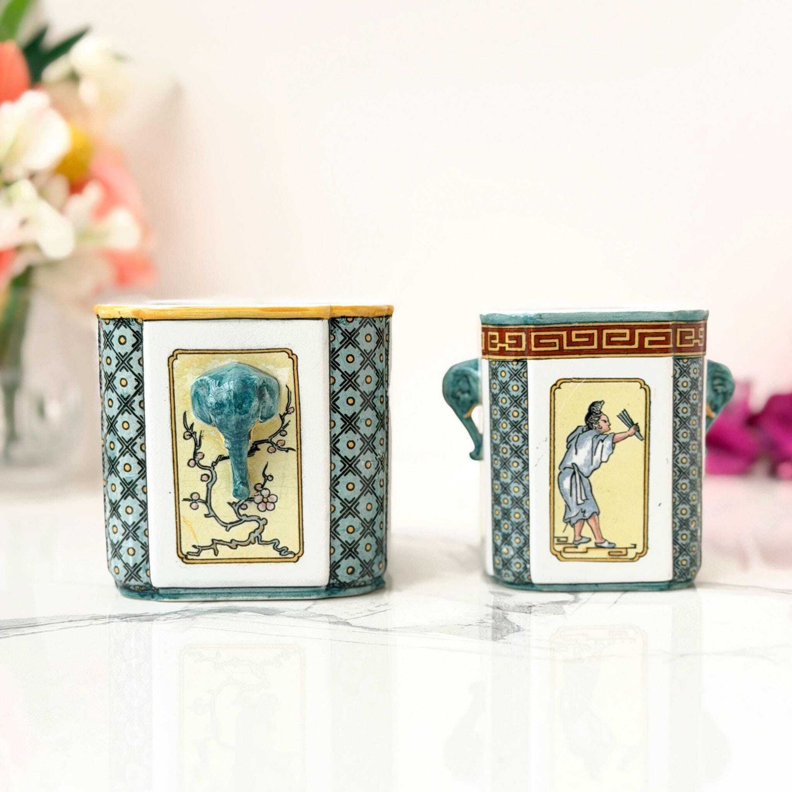 Antieke Sarreguemines Majolica Cachepots 3d Olifant Japonisme 1880s photo for sale