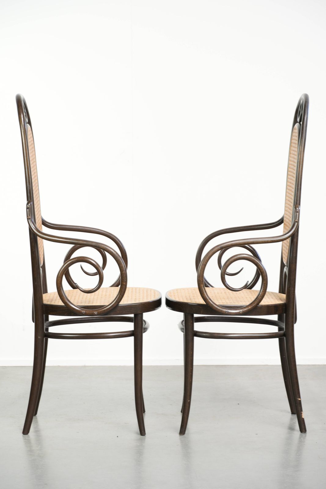 Set Of 2 Original Vintage Thonet Design Chairs, Model Long John, With Armrests, A High Back, Webbing Seat And Backrest, And An Elegantly Curved Wooden photo furniture
