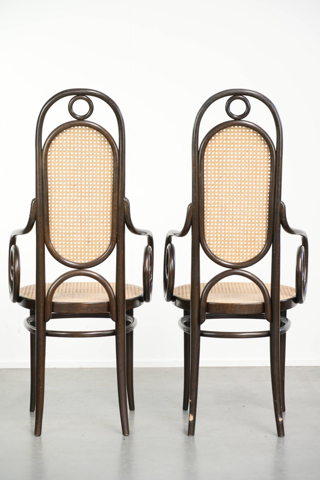 Set Of 2 Original Vintage Thonet Design Chairs, Model Long John, With Armrests, A High Back, Webbing Seat And Backrest, And An Elegantly Curved Wooden photo for sale