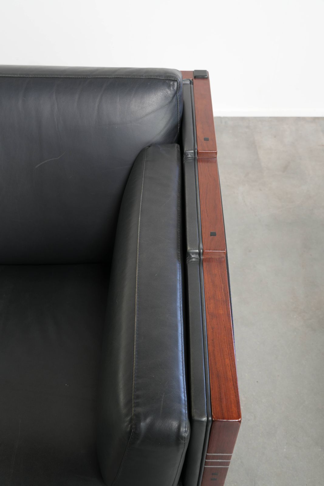 Timeless 3 Seater Art Deco Design Sofa Upholstered In Black Cowhide Leather And Finished With Wooden Details photo vintage