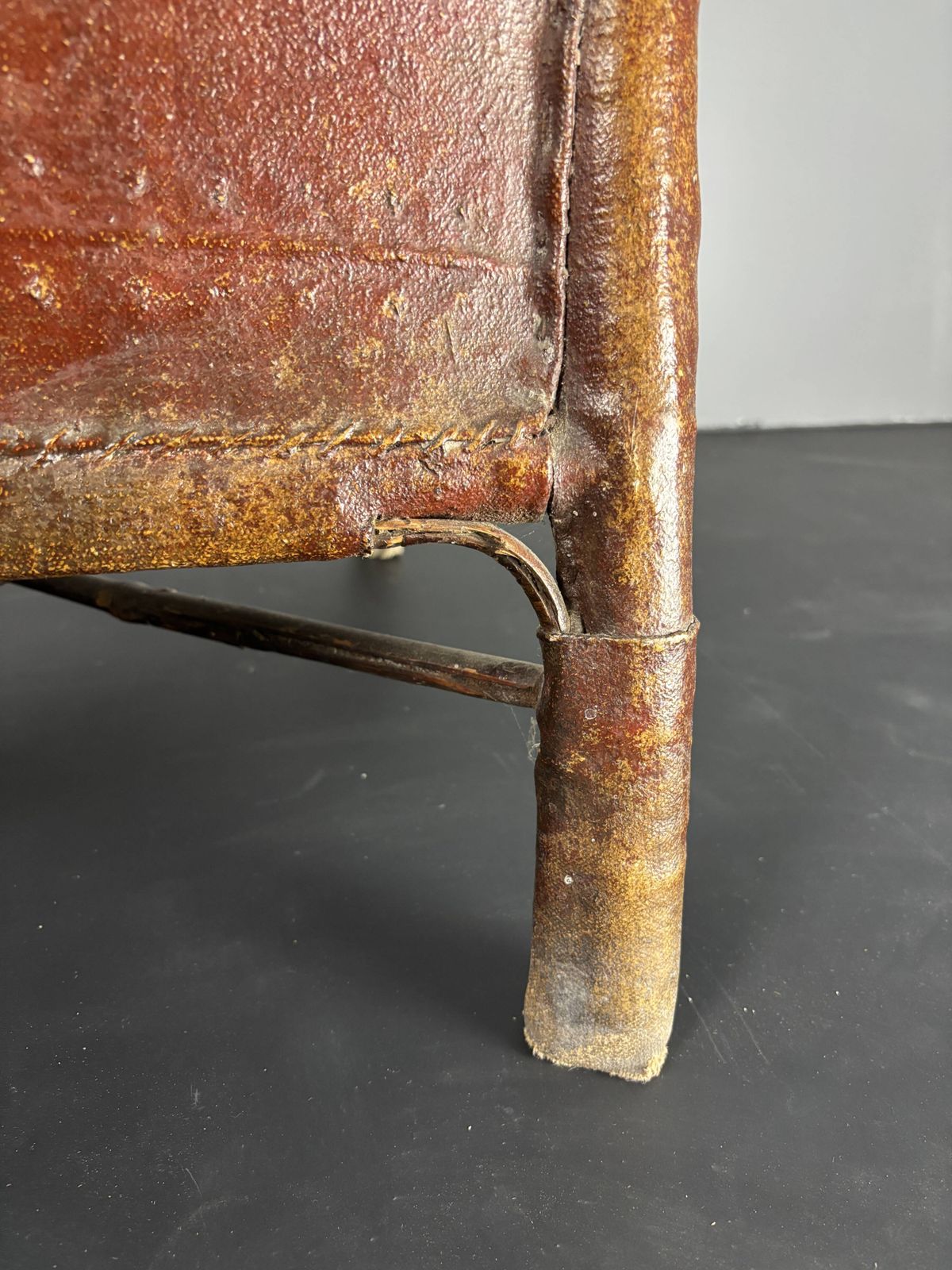 photo for sale Wabi Sabi Colonial Art Deco Rattan Faux Leather Oil Cloth Armchair, 1920s