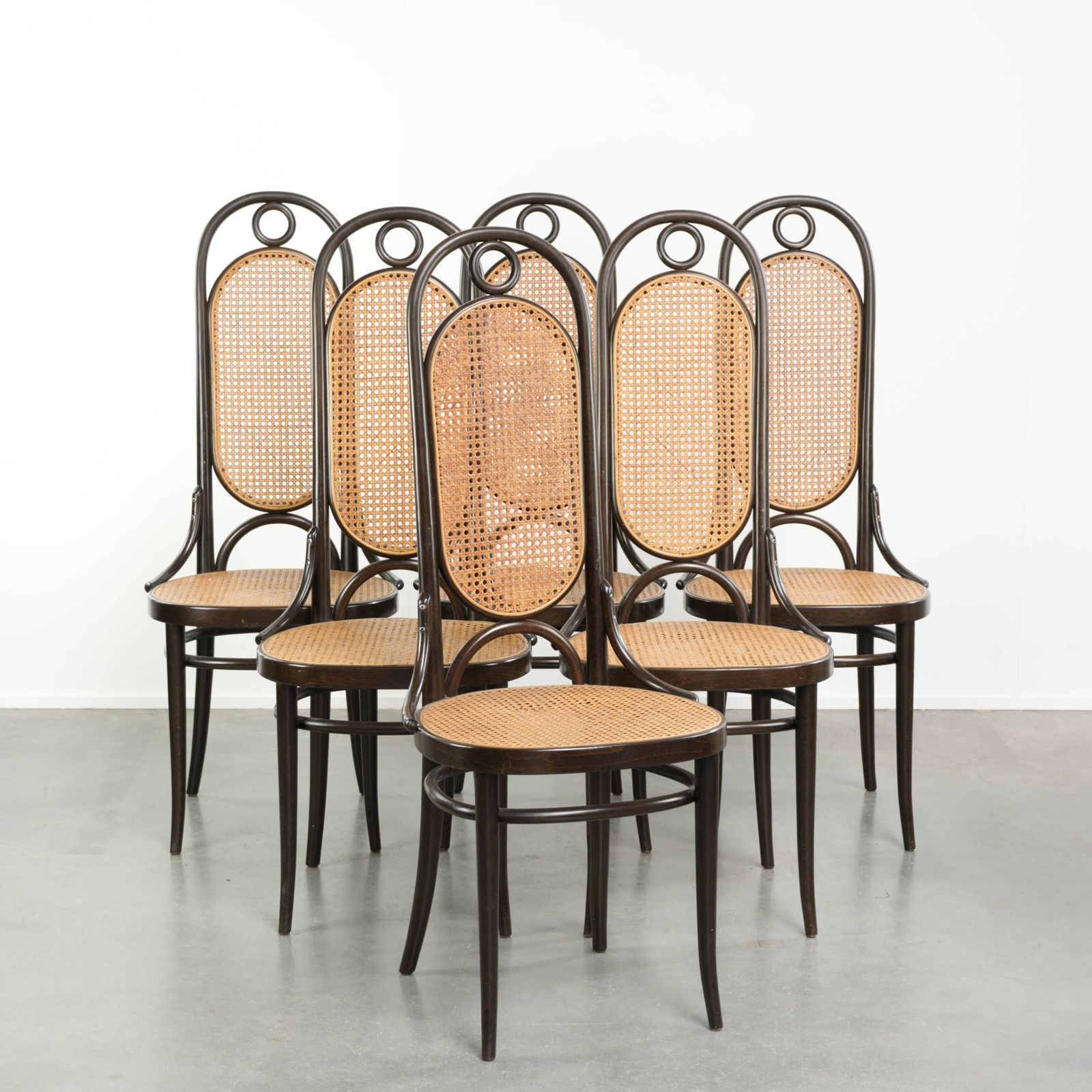 Set Of 6 Original Vintage Thonet Long John Design Dining Chairs/Bistro Chairs With Webbing