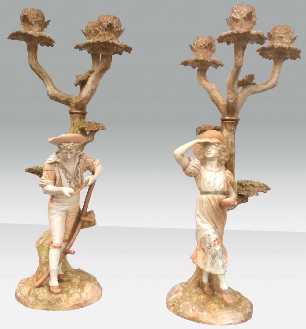 photo for sale Pair Of Antique Royal Worcester Candelabra Signed By James Hadley