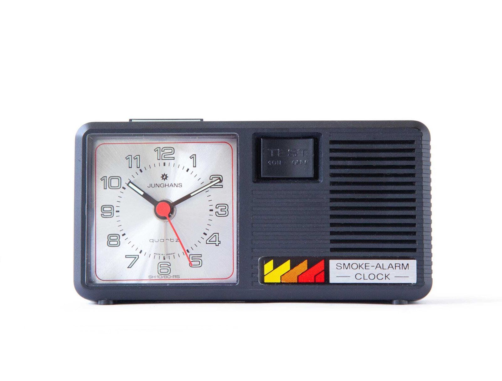 Rare Junghans Smoke Alarm Clock, Duitsland, bureauklok, Space Age, jaren 1980, kwartsuurwerk, rookmelder