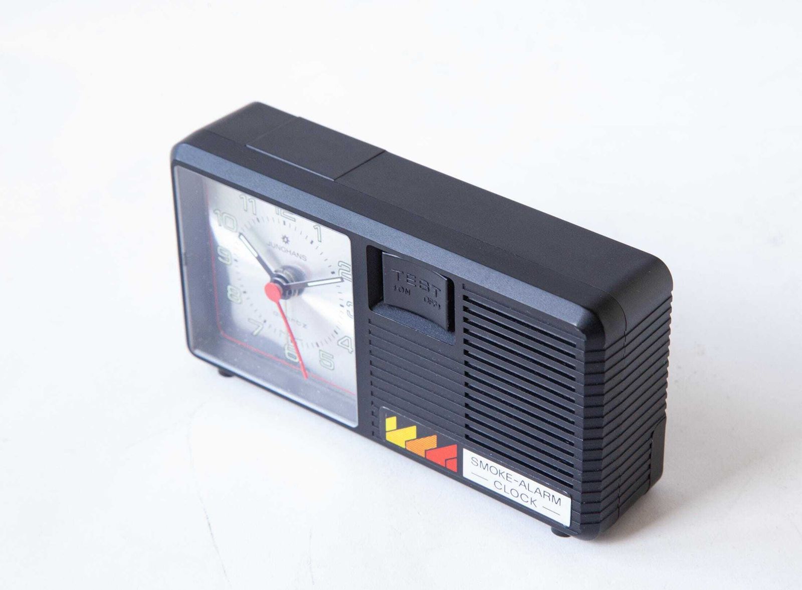 Rare Junghans Smoke Alarm Clock, Duitsland, bureauklok, Space Age, jaren 1980, kwartsuurwerk, rookmelder photo for sale