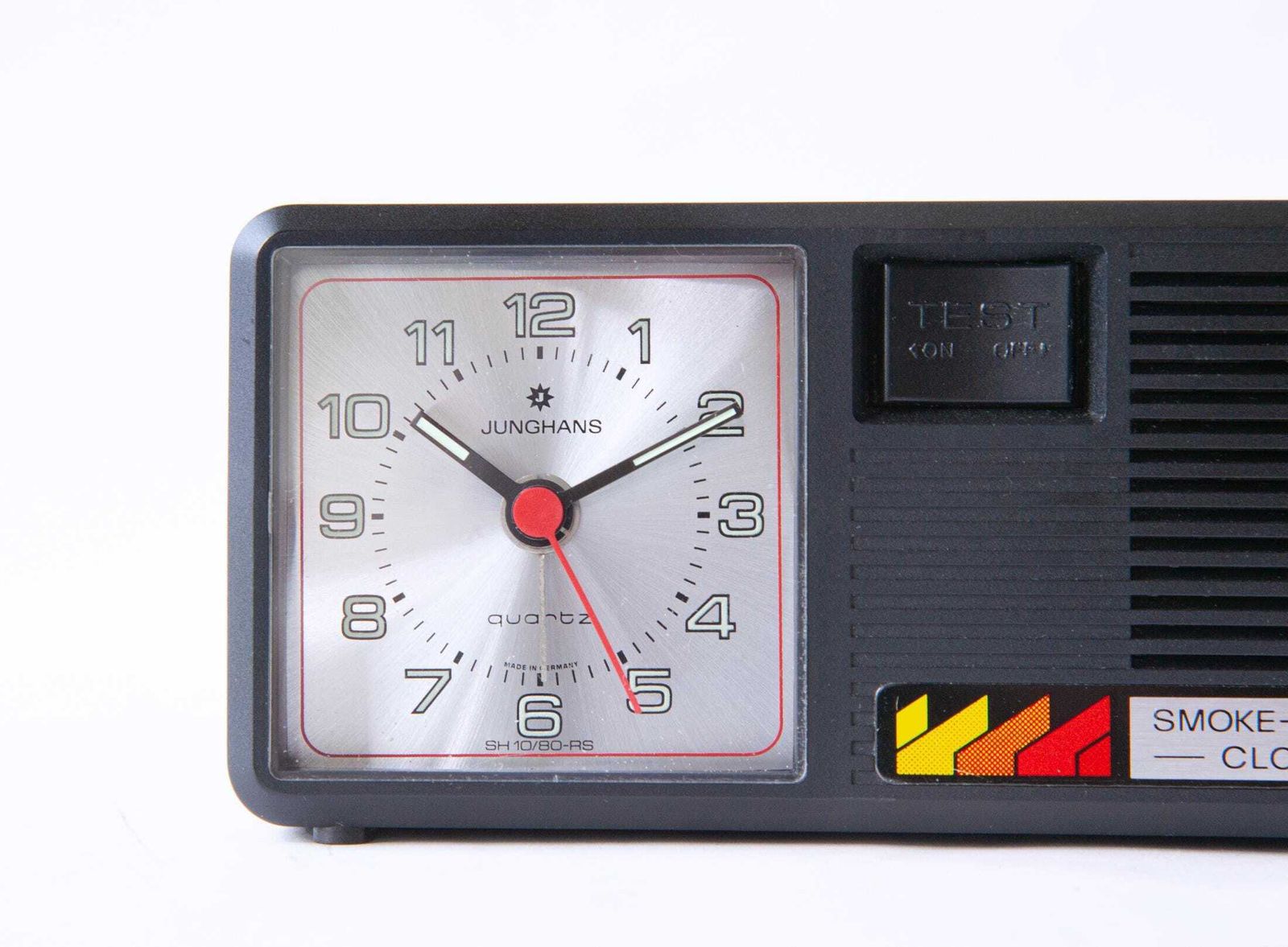 Rare Junghans Smoke Alarm Clock, Duitsland, bureauklok, Space Age, jaren 1980, kwartsuurwerk, rookmelder photo Woonaccessoires