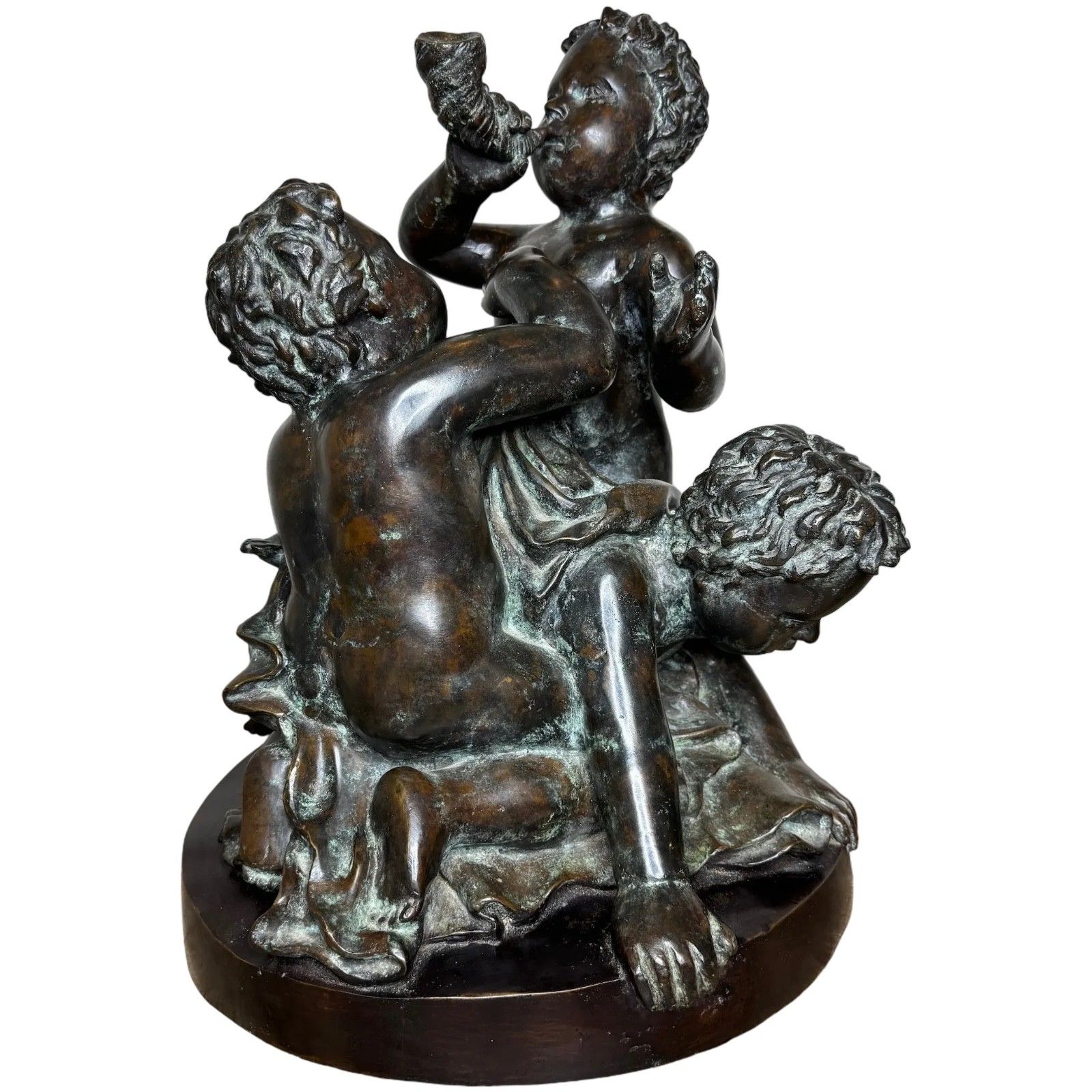 Bronze Group Call Of The Triton Conch Sea Putti  In The Manner Of Claude Michel