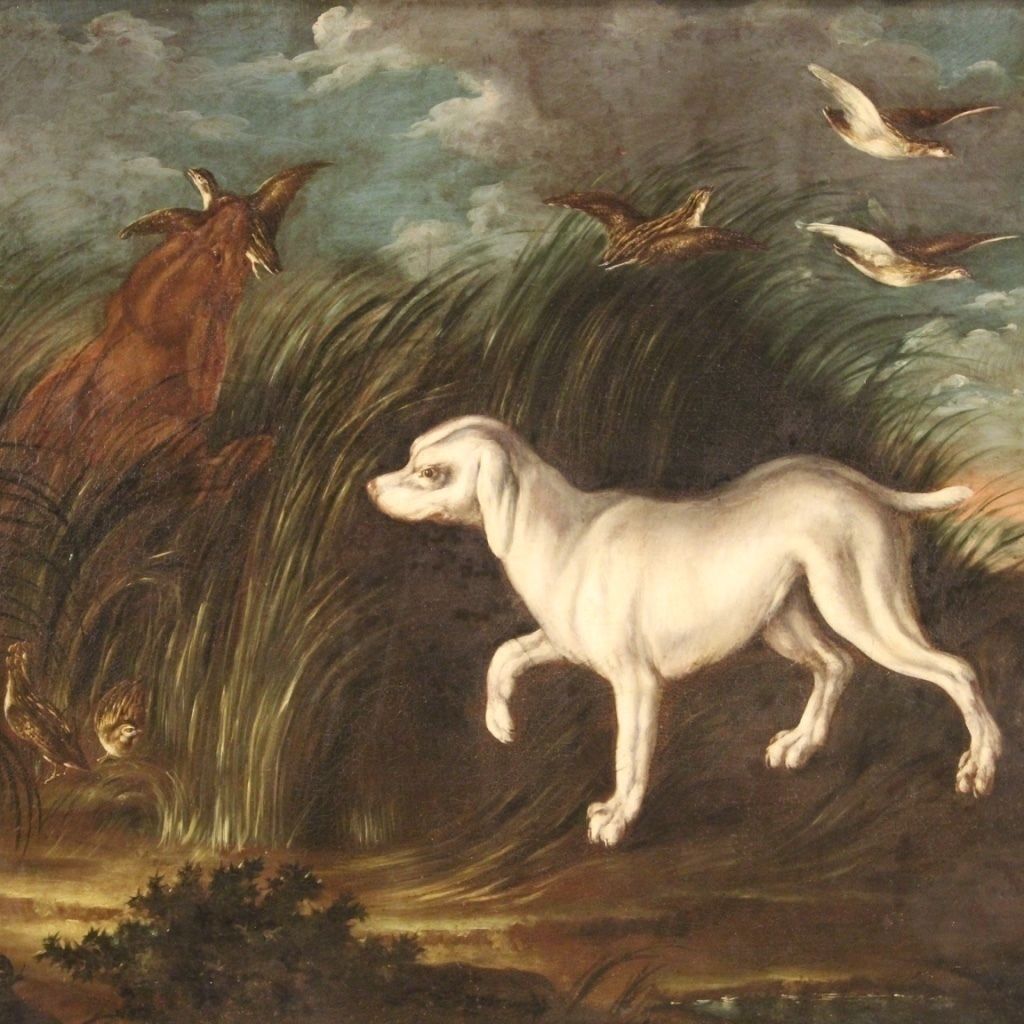 Antique French Painting From 18th Century Landscape With Dog photo Art