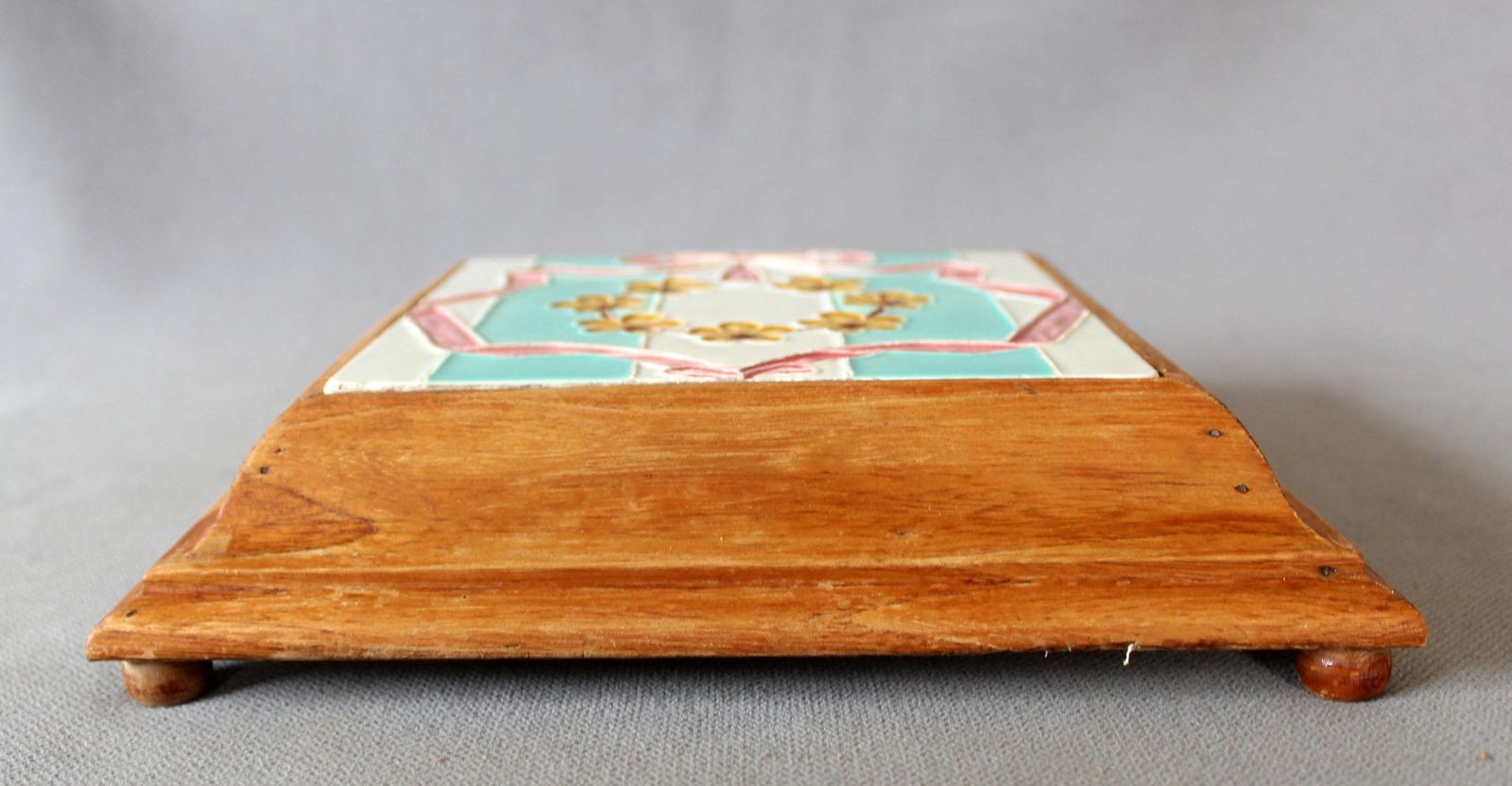 Antique Art Nouveau Majolica Ceramic Tile Trivet In Footed Wood Base, Plant Stand, Pink Ribbon, Amber Floloral Wreath, Wedding Gift photo for sale