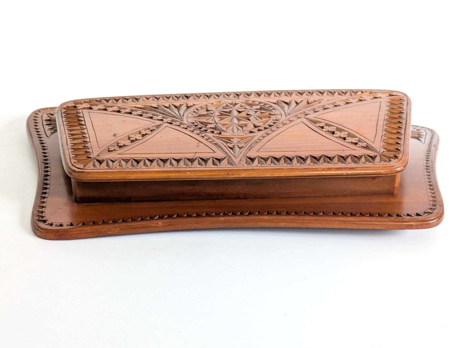 photo for sale Antique Hand Carved Wood Letter Rack Folk Art Wall Mount Magazine Holder Office Storage