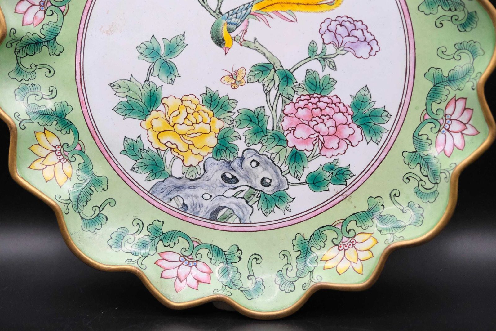Pair Chinese Painted Enamel Plates (Hua Falang) | Qing Dynasty Style 19thc/20th | Bird & Peony Copper Plates photo Art