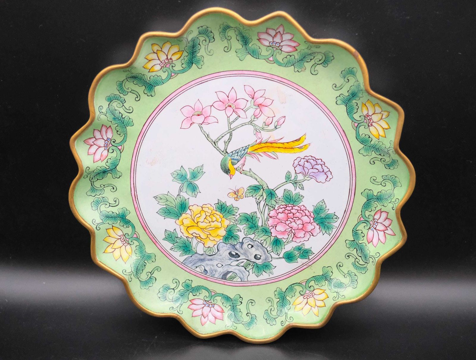 900.0 Pair Chinese Painted Enamel Plates (Hua Falang) | Qing Dynasty Style 19thc/20th | Bird & Peony Copper Plates photo