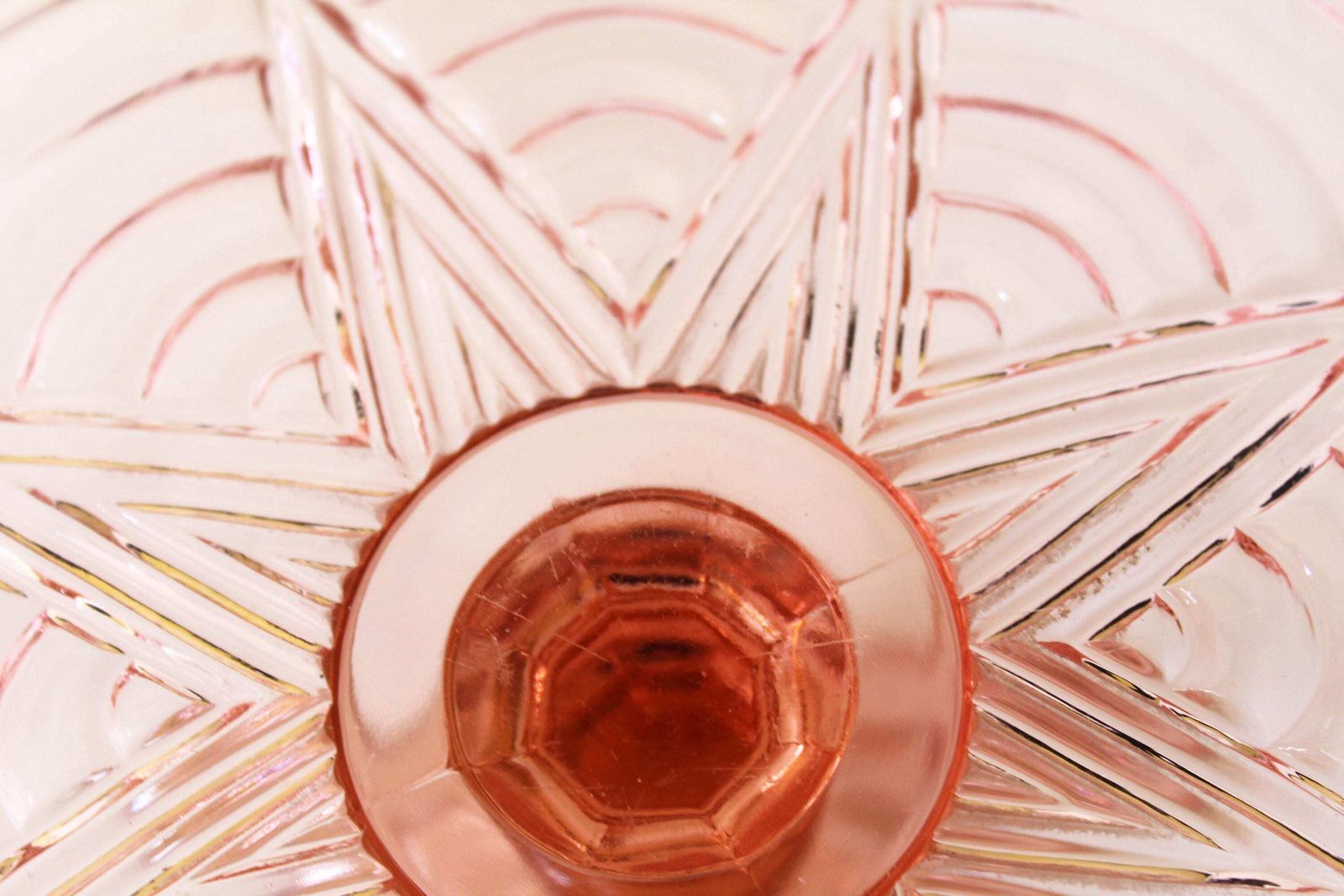 Set Of Two Art Deco Pink Rosaline Glass Cake Stand, Dessert Stand, Pedestal Platter, Depression Pressed Glass, Embossed Geometric Design photo vintage