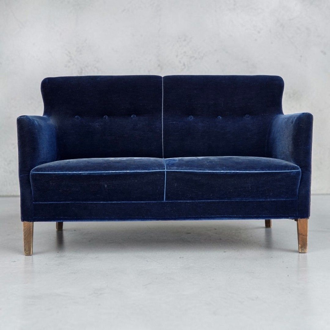 1960s, Danish 2 Seater Sofa. Dark Blue Furniture Velour.