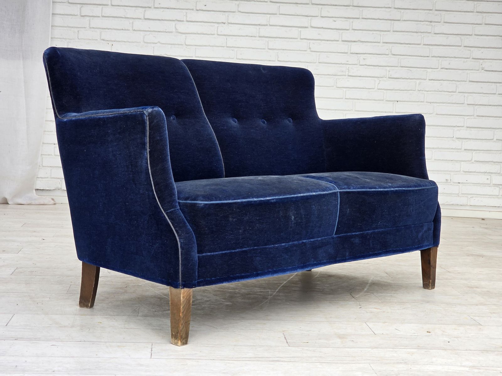 1960s, Danish 2 Seater Sofa. Dark Blue Furniture Velour. photo Furniture