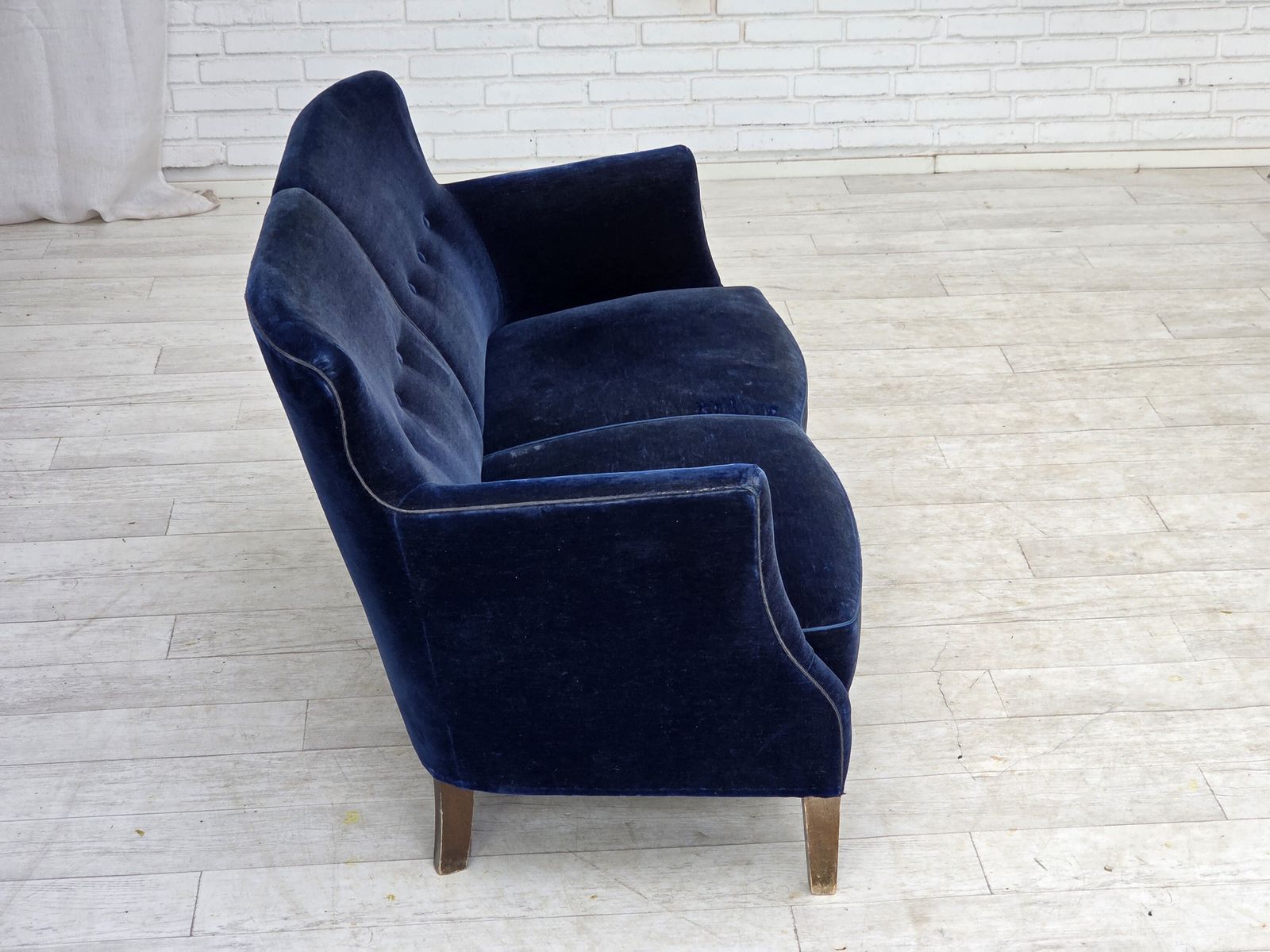 1960s, Danish 2 Seater Sofa. Dark Blue Furniture Velour. photo vintage