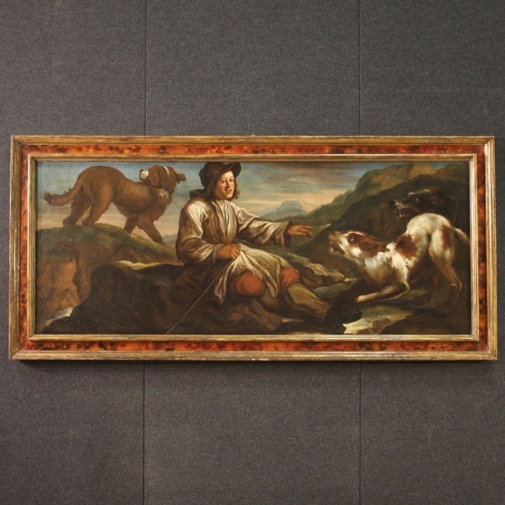 Great 17th Century Lombard Painting, The Shepherd With His Dogs