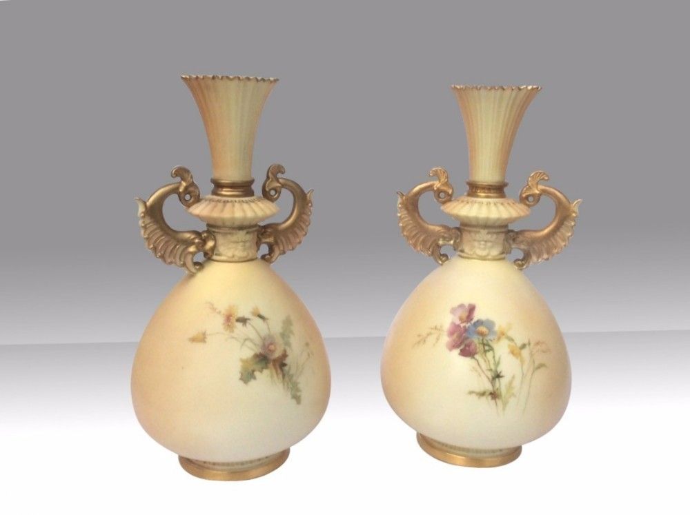Very Fine Pair Of Antique Painted And Blush I Vory Royal Worcester Vases Dated 1893 9ins Tall By E Raby photo furniture